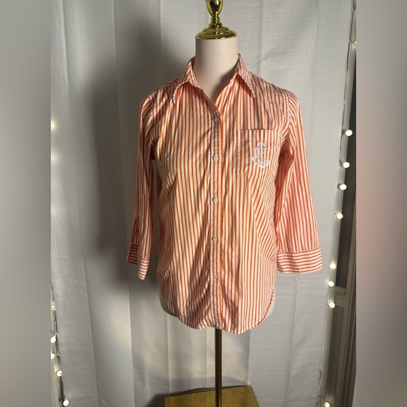 Lauren Ralph Lauren Orange Striped Button Down Shirt 3/4 Sleeves - Picture 9 of 9